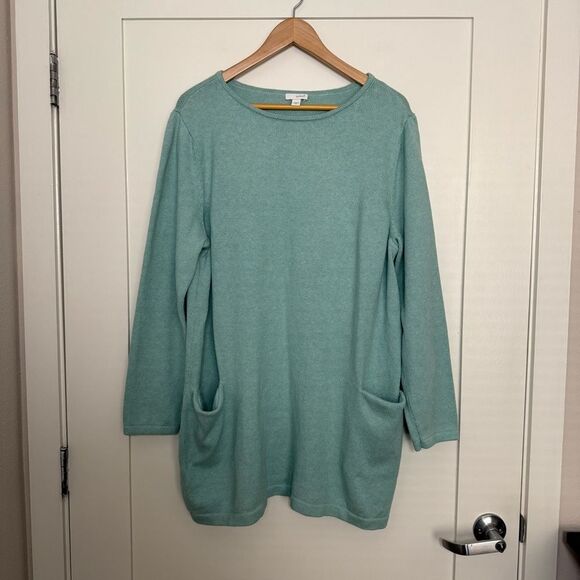 J Jill Pure Sweater Tunic Womens Sz XL Mint Knit Cotton Wool Pockets Pullover - Picture 1 of 10